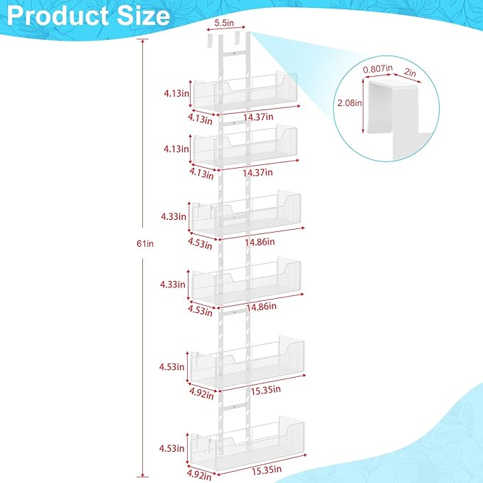 Hongtamoya Over The Door Organizer, Metal Hanging Door Organizer with 6 Adjustable Baskets and 5 Hooks, Behind The Door Storage for Closet Pantry Cabinet Kitchen Bathroom Bedroom, White