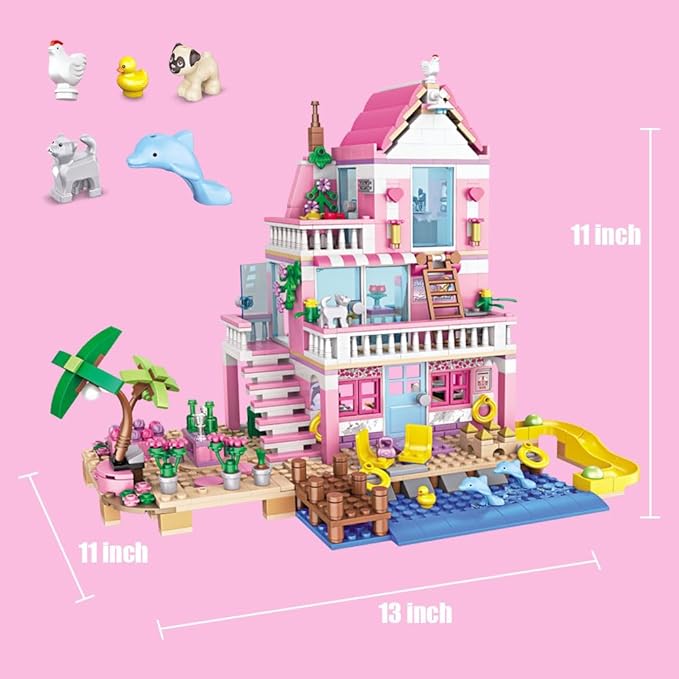 Girls Seaside Beach Vacation Villa Building Sets, Girls Holiday Cottage, Creative Dream House Building Blocks Kit Compatible with Lego Friends Construction Educational Toys for Kids Age 6-12+, 822pcs