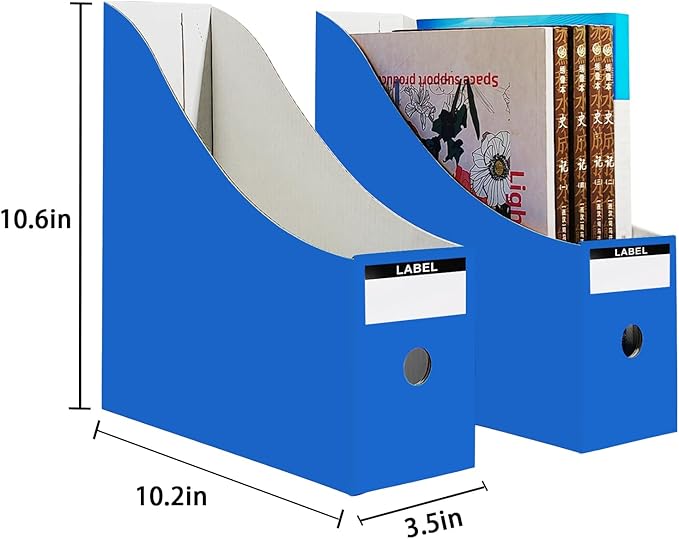 Limitliho 2 Pack Cardboard Magazine File Holder for Desktop ，Blue Book Bins for Classroom Library, Office or Home, Vertical Paper Boxes for Storage with Label(10.6" H x 10.2" L x 3.5" W in)