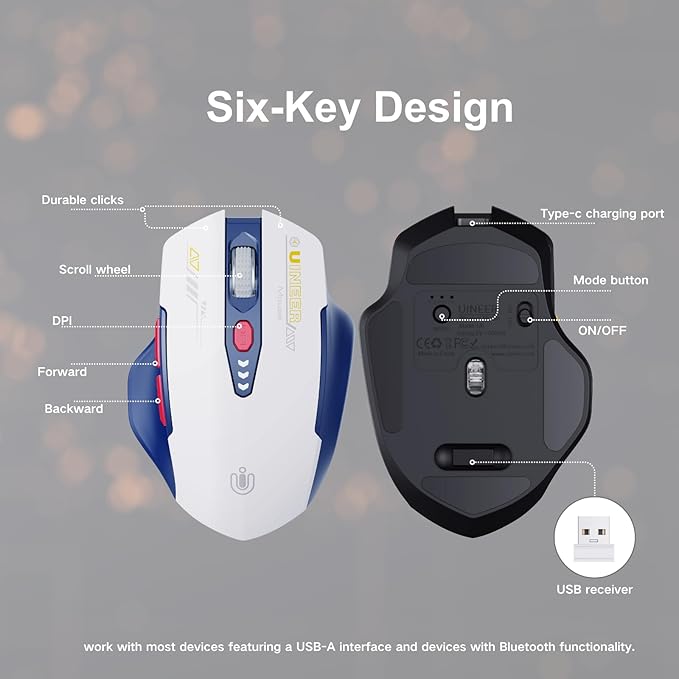 Uineer Bluetooth Mouse,[Upgraded] Multi-Device Wireless Mouse Rechargeable,Visible Battery Level,Tri-Mode (BT 5.0/4.0+2.4G Hz), 4 Adjustable DPI,Coldless Mice for Laptop and PC,Bluewhite