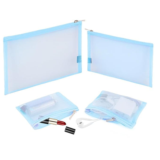 EASYFUN Mesh Pouch, Make up Bag with Zipper Cosmetic Organizer Pouch for Daily or Travel to Keep Small Items, 4 PCS Blue