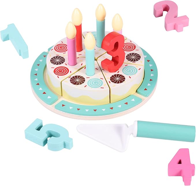 Birthday Cake Cutting Toys, Wooden Play Food Set for Kids Toddlers, Pretend Play Kitchen Toys for Boys Girls