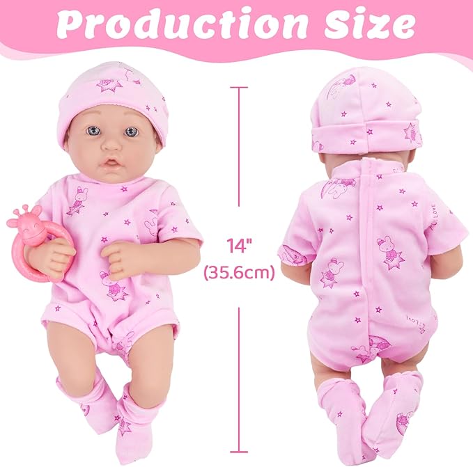 14 Inch Baby Doll with Clothes and Accessories Set, 12 Pcs Baby Doll Reborn Clothes and Accessories Include Alive Doll Clothes,Hat,Soft Doll Shoes and Socks,Ringing Toy,Bracelet,Feeding Bottle