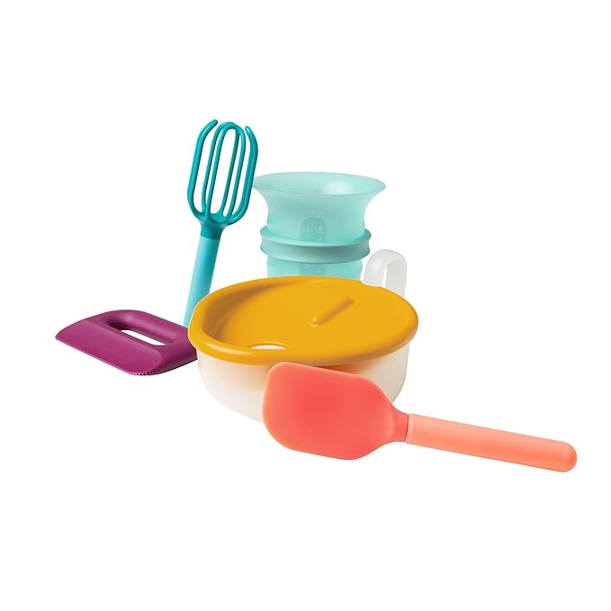 Boon Intro Toddler Food Prep Kids Kitchen Set - Kids Kitchen Accessories - 5 Unique Toddler Kitchen Tools Includes Spatula, Egg Cracker, Kids Chopper, Measuring Cup, and Bowl - Ages 3 Years and Up