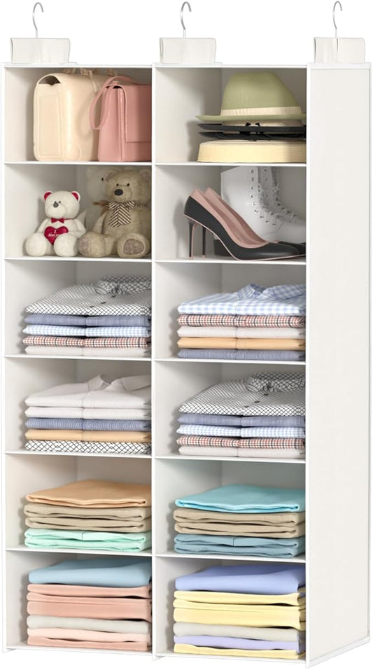 ALLTIDYUP Space-Saving Hanging Closet Storage Organizer – Dual-Row Foldable Shelves with 3 Hooks, 6-Tier Wardrobe Organizer for Dorm, Bedroom, Closet (White)