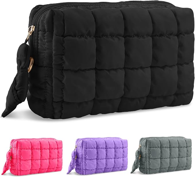 Puffer Quilted Makeup Bag Cosmetic Bags,Puffy Travel Toiletry Pouch for Women,Cute Checkered Zipper Bag Travel Essential,Portable Aesthetic Make up Organizer Bag for Gifts Work Daily(Black,M)