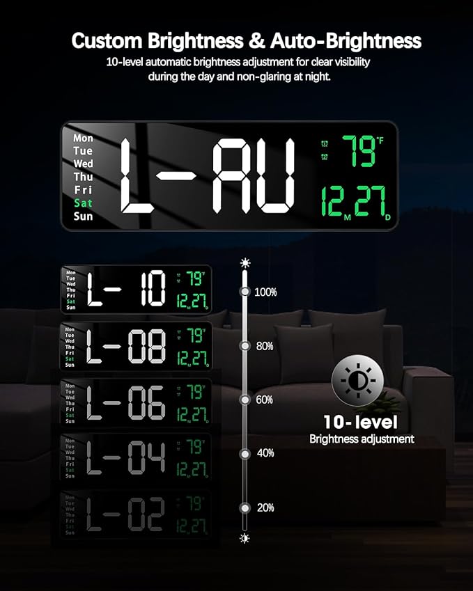 JoFomp Modern 16" Large Digital Wall Clock with Remote Control, LED Display, Auto-Dimming, Countdown, Temperature, Calendar - 12/24Hr Format - Silent Wall Clock for Home, Office, or Gym Use (Green)
