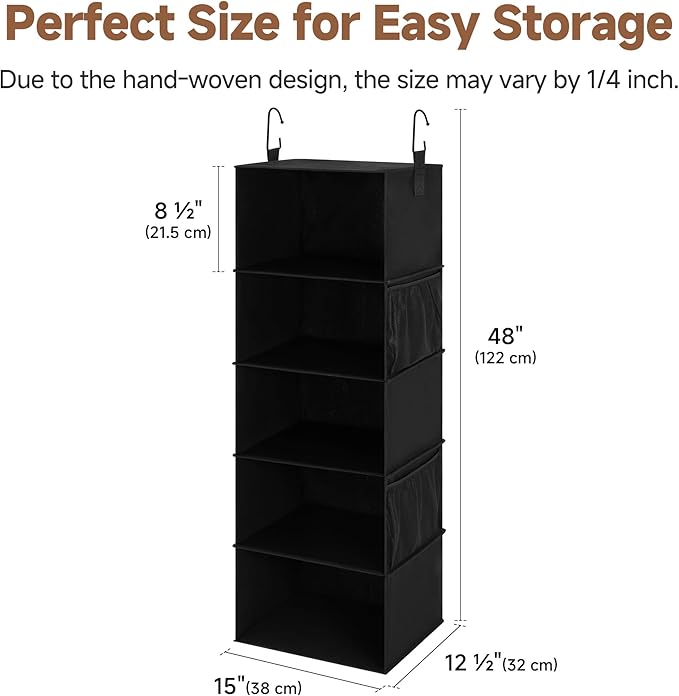 StorageWorks 5-Shelf Hanging Closet Organizers, Foldable Closet Storage Organizer with 2 Side Pockets, Portable Hanging Shelves for Clothes, Sweater, Towels, 12 1⁄2" D x 15" W x 48" H, Black