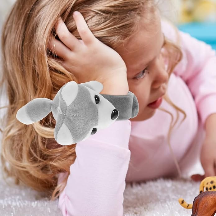 LOGOFUN 2Pcs Plush Dog Slap Bracelet Puppy Stuffed Animal Hug Slap Bracelet Birthday Party Favor (Grey)
