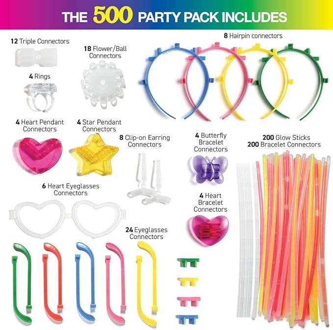 500 Glow Sticks Party Pack Necklaces And Bracelets - Ultra Bright Glow in The Dark Party Supplies, Bulk 8” Mixed Colors 200 Sticks And 300 Accessories - for Halloween, Christmas, Birthday