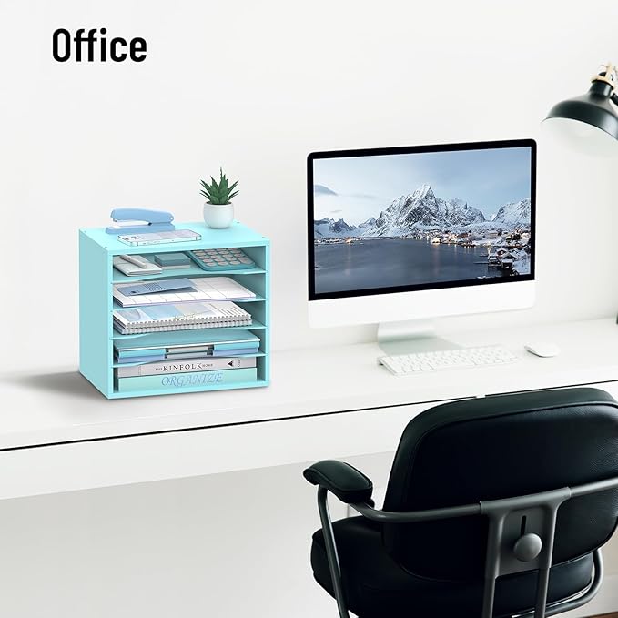5-Tier Wood Desk Organizer, Paper Tray Organizer for Desk with Adjustable Storage Shelves, Desktop File Organization Paper Sorter Mail Holder for Office Home Classroom, Blue
