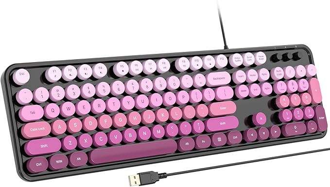Computer Keyboard Wired, Retro USB Keyboard with Large Number Pad, Caps Indicators, Foldable Stands, Full Size Typewriter Keyboard for Windows PC Laptop (Black Pink)
