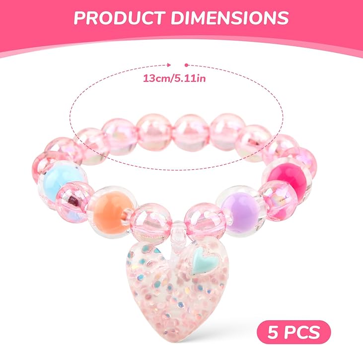 5Pcs Bracelets for Girls Kids, Cute Stretchy Bead Bracelets with Floral Bow pendant Little Girl Friendship Bracelets Costume Jewelry Princess Party Favors for Halloween, Christmas