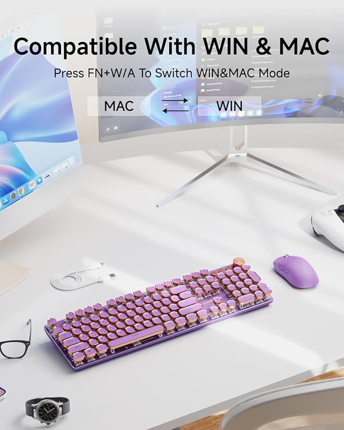 EWEADN Typewriter Style Mechanical Keyboard, Wired Typewriter Keyboards,104 Keys Backlit LED Metal Keyboards, Media Control Knob, Wired Computer Keyboard Pink Switch for Windows/Mac/PC-Purple