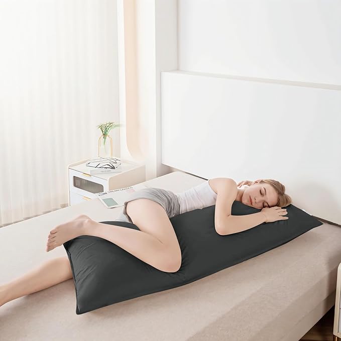 Goose Down Body Pillows for Adults, Large Body Pillow for Side Sleeper, Hugging Feather Body Pillow Insert, Cooling Full Length Long Pillow for Bed with 100% Organic Cotton Shell, Black 20"x54"