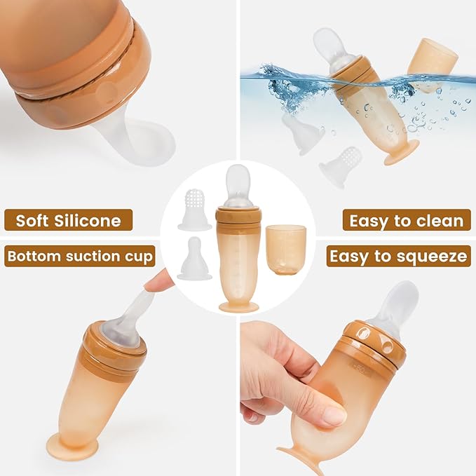Baby Multifunctional Complementary Food Bottle, Silicone Milk Bottle 3-in-1, Including Dispensing Spoon, Regular Nipple and Fruit Puree Feeding Nipple, Auxiliary Weaning Bottle