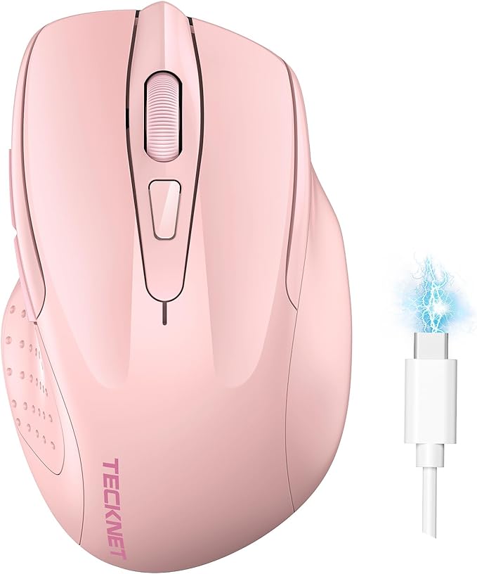 TECKNET Wireless Mouse (BT5.0/3.0 & 2.4G) Rechargeable 4800 DPI Silent USB A & Bluetooth Mouse 6 Buttons, Wide Compatibility - Pink