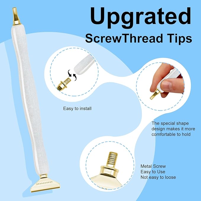 22PCS DIY Diamond Art Pen Painting Tool Set - Metal Threaded Tip Accessories Gem Resin Dotting Pen Supplies Kit (White Pen + 12 Tips + 9 Dotting Clay)