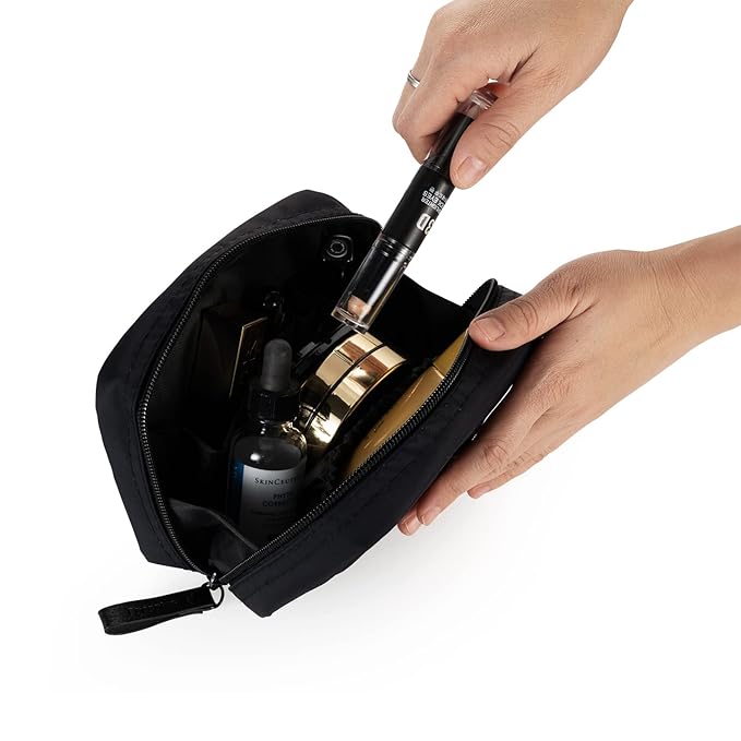 Hekyip Rectangular Beauty Bag, Small Travel Makeup Bag for Purse, Portable Waterproof Cosmetic Pouch for Ladies Women (Rectangular All Black)