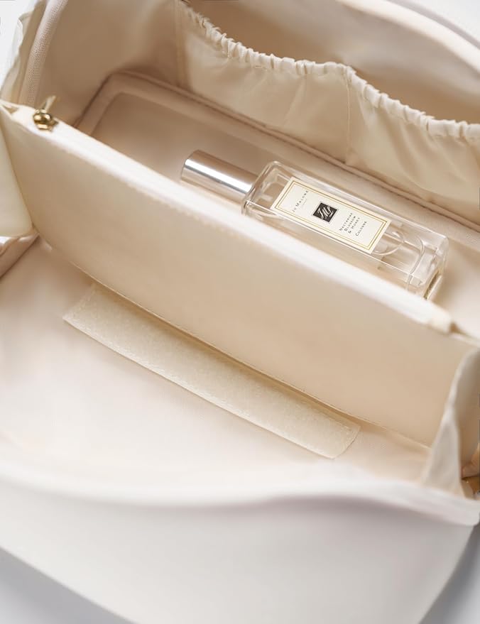 Yarnic White Neoprene Travel Makeup Bag Cosmetic Bag, Large Capacity Toiletry Bag for Women, Portable Pouch Cute Make Up Organizer with Divider and Handle