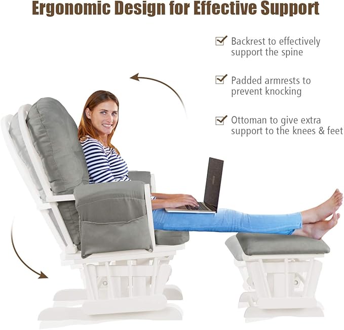 Costzon Nursery Glider with Ottoman, Upholstered Comfort Glider Rocker with Padded Cushion, Storage Pocket, Solid Wood Base, Rocking Chair Nursery for Breastfeeding, Maternity, Napping (Light Gray)