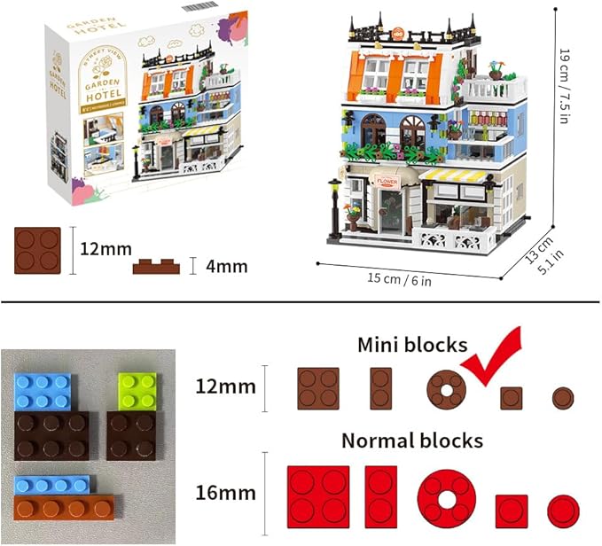 City Garden Hotel Building Sets,House Architecture Model Blocks Toys for Adults & Teens，1300 PCS Mini Bricks with LED(Not Compatible with Lego)