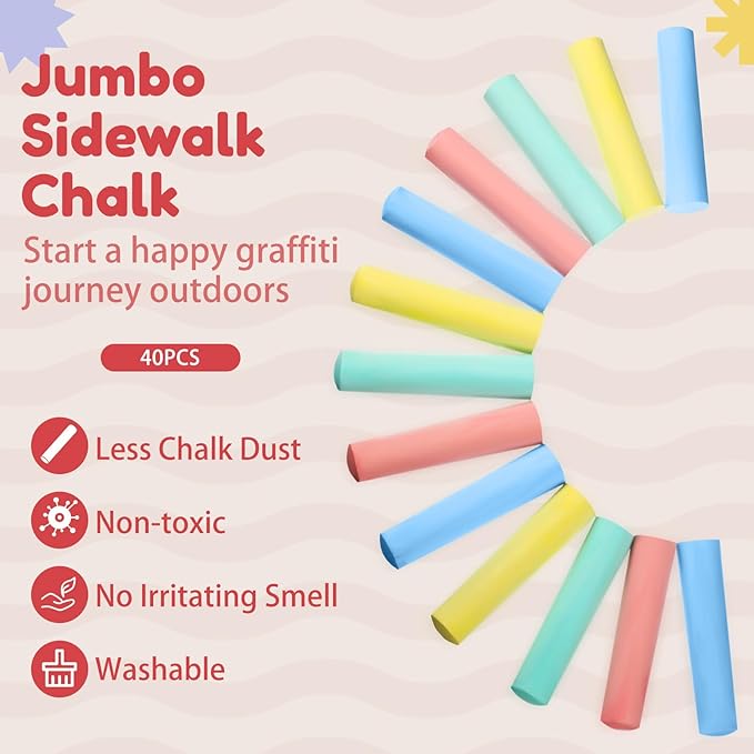 Fulmoon 40 Pcs Jumbo Sidewalk Chalk for Kids Outdoor Art Non Toxic Large Washable Street Chalk for Adults Drawing Painting Graffiti Classroom(Multicolor,Round Style)