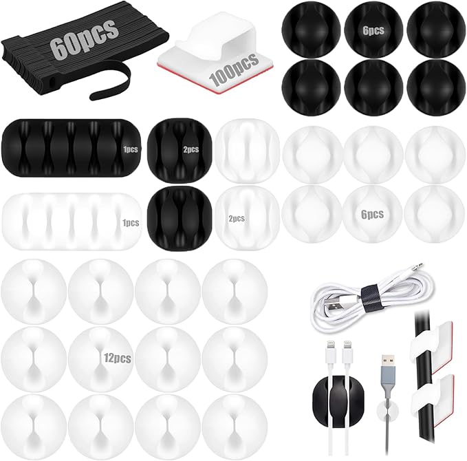 190 PCS Silicone Cord Holder Set with 100 x Type R Cable Clips 30 x Multi-Type Adhesive Cable Clips 60 x 6inch Reusable Fastening Cord Ties Wire Organizer for Nightstand Desk Office or Ethernet Cable