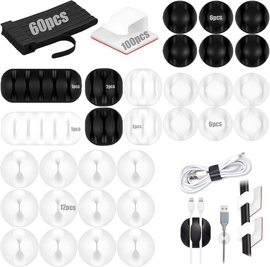 190 PCS Silicone Cord Holder Set with 100 x Type R Cable Clips 30 x Multi-Type Adhesive Cable Clips 60 x 6inch Reusable Fastening Cord Ties Wire Organizer for Nightstand Desk Office or Ethernet Cable