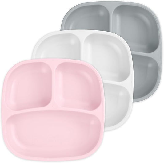 Re-Play Made in USA 7" Deep Walled Divided Plates for Kids, Set of 3 - Reusable 3 Compartment Plates, Dishwasher and Microwave Safe - 7.37" x 7.37" x 1.25", Modern Pink