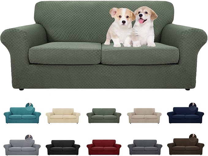 MAXIJIN 3 Piece Stretch Couch Covers for 2 Cushion Couch Sofa Slipcovers with 2 Extra Large Seat Cushion Couch Jacquard Loveseat Sofa Couch Cover for Dogs (2 Cushion Sofa, Army Green)