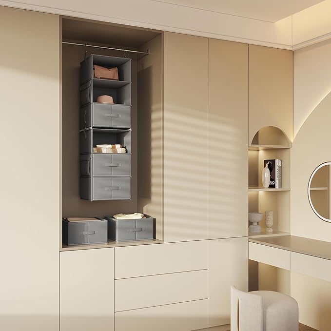 Vailando 6-Tier Hanging Shelves for Closet, Two 3-Shelf Hanging Closet Organizer w/ 4 Side Pockets and 3 Drawers, Combinable for Dorm Wardrobe Organizer and RV Storage and Organization