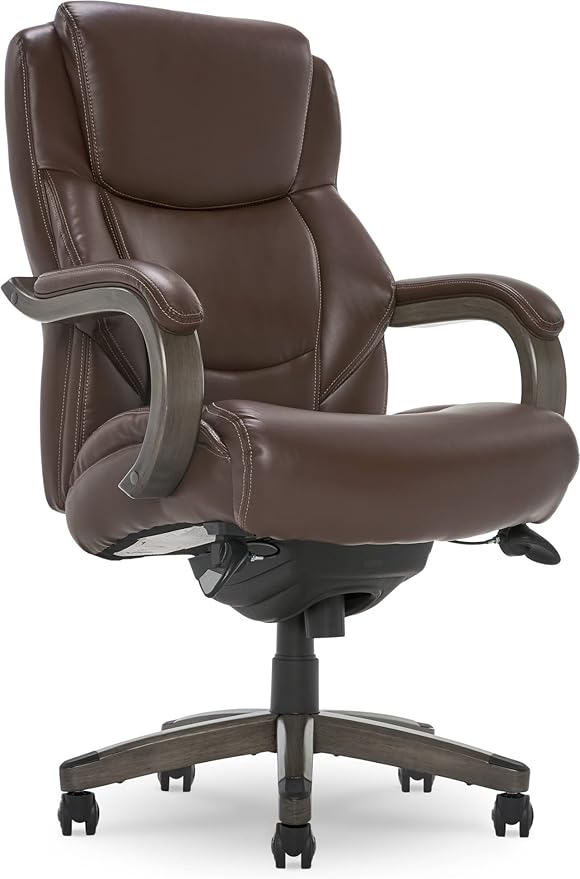 La-Z-Boy Delano Big & Tall Executive Office Chair | High Back Ergonomic Lumbar Support, Bonded Leather, Brown with Weathered Gray Wood |