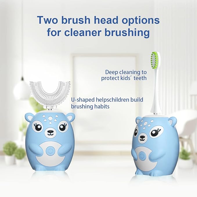 Kids Electric Toothbrushs U Shaped sonic Automatic Toothbrush with 4 Brush Heads, Six Cleaning Modes,Cartoon deer Modeling , full mouth toothbrush for baby