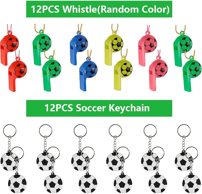 134 Pcs Soccer Party Favors Set Soccer Theme Party Soccer Gift Bags Soccer Silicone Ring Soccer Keychain Silicone Bracelet Whistle Stickers Tattoo Stickers Clap Bracelet for Soccer Themed Party