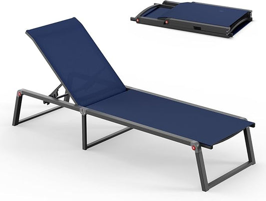 Aluminum Chaise Lounge Chair Outdoor, Foldable & Assembly Free Patio Pool Lounge Chairs 5-Position Recliner for Outside Poolside, Fully Grounded Legs Sun Lounger for Beach, Yard, Navy Blue
