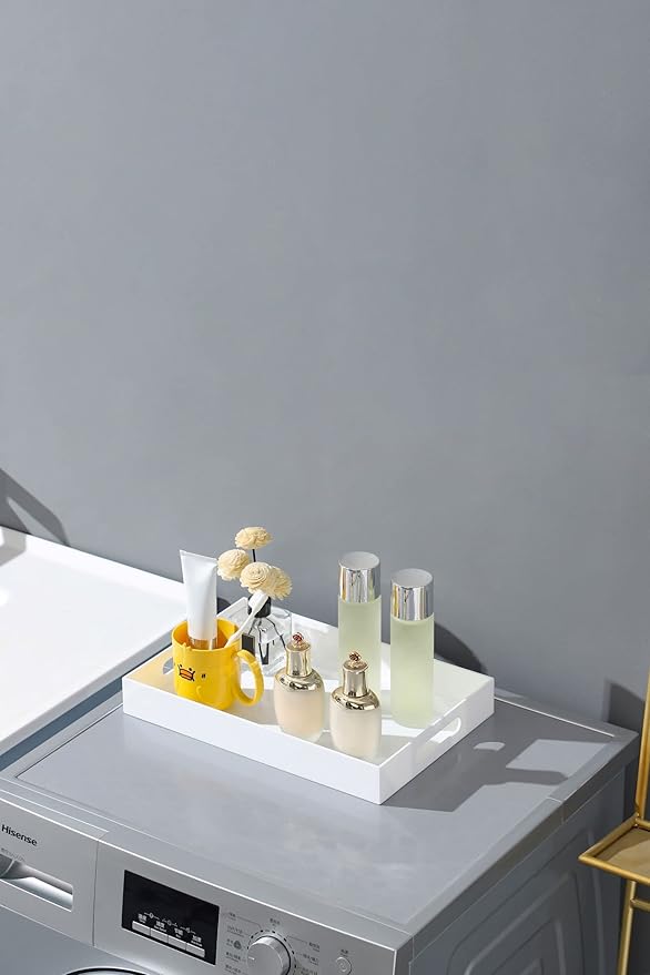 BEYLANG Glossy White Sturdy Acrylic Serving Tray with Handles-12x20Inch-Serving Coffee,Appetizer,Breakfast,Butler-Kitchen Countertop Tray-Makeup Drawer Organizer-Vanity Table,Ottoman Tray-Decorative