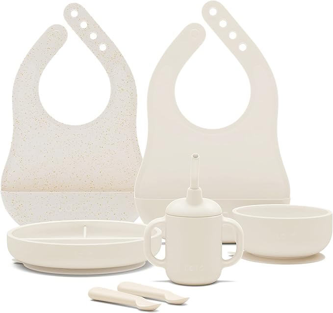 Lalo First Bites Silicone Baby Feeding Set - Baby Led Weaning Supplies - Non-Toxic Silicone - Includes 2 Bibs, 2 Spoons, Training Cup, Suction Plate and Bowl - 6 Pieces - Oatmeal