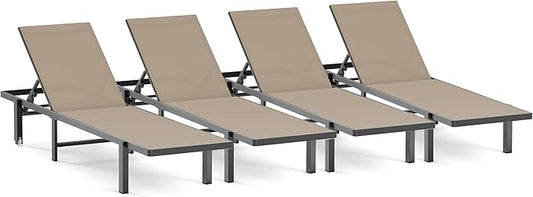 Pool Chaise Lounge Chair Set of 4, Outdoor Lounge Chairs with Wheels, 5-Position Adjustable Sun Loungers for Outside, Deck, Beach, Khaki
