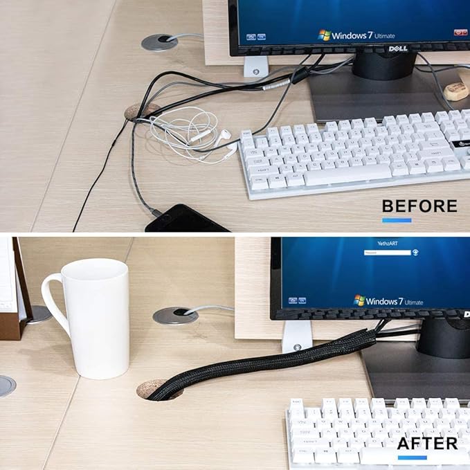 AGPTEK Cable Sleeve Cover, 10ft - 4/5 inch Desk Cord Organizer Cable Hider, Home Office Wire Management Computer TV Wire Loom Tubing, Pet Proof Cord Protector, from Cat Dog Chewing, Black