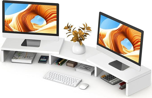 TAVR Furniture Dual Monitor Stand Riser, Computer Monitor Stands for 2 Monitors, Extra Long Multifunctional Desktop Organizer Riser for Computer, Laptop, PC, Printer, TV, Max 43.3" Length, White