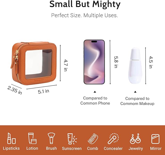 Aveniee Mini Clear Makeup Bag, Small Cosmetic Bags Travel Toiletry Pouch Organizer, TSA Approved Make up Case with Zipper, Car Bag for Essentials,Brown