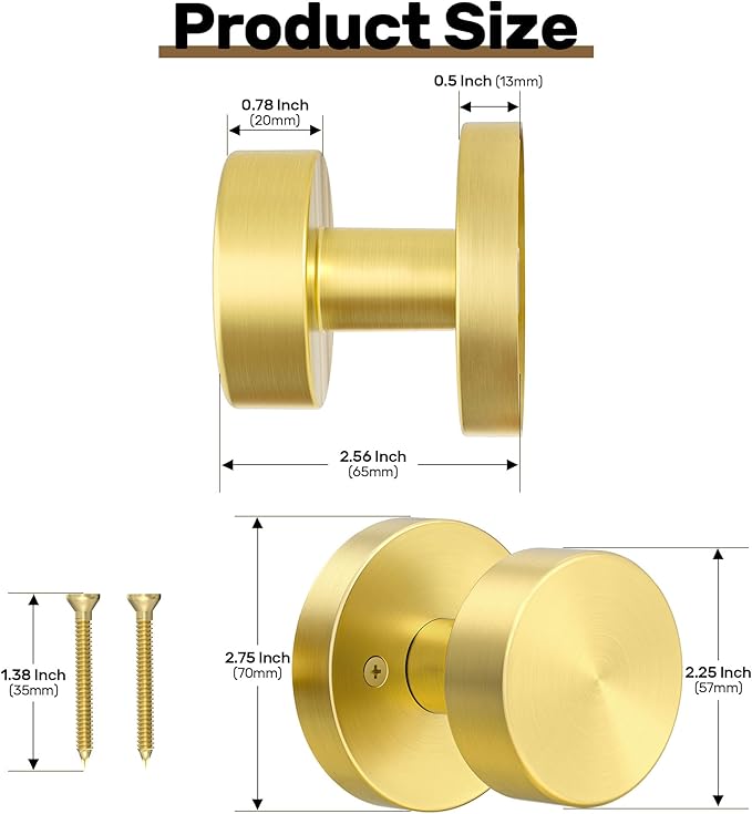 4 Pack Brushed Gold Dummy Door Knobs Interior Satin Brass Dummy Door Knobs for Closet, Heavy Duty Modern Round Door Handle