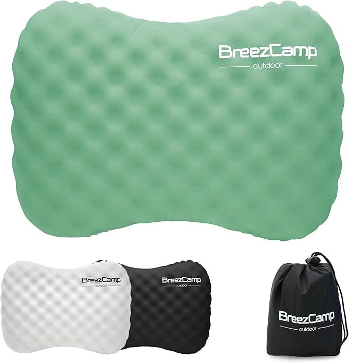 BreezCamp Camping Pillow with Soft Cover, Lightweight Inflatable Pillow for Neck Lumbar Support,Upgrade Backpacking Pillow,Washable Travel Air Pillows for Hiking, Backpacking, Airplane, Beach, Green