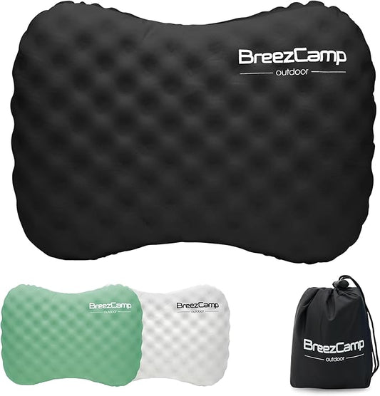 BreezCamp Camping Pillow with Soft Cover, Lightweight Inflatable Pillow for Neck Lumbar Support,Upgrade Backpacking Pillow,Washable Travel Air Pillows for Hiking, Backpacking, Airplane, Beach, Black