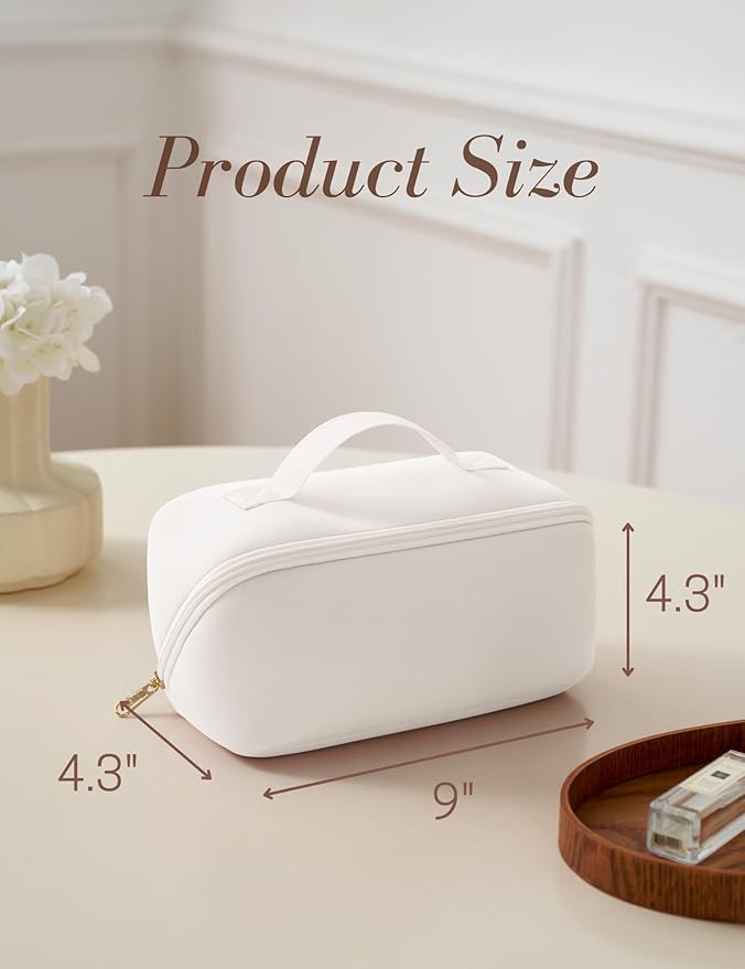 Yarnic White Neoprene Travel Makeup Bag Cosmetic Bag, Large Capacity Toiletry Bag for Women, Portable Pouch Cute Make Up Organizer with Divider and Handle