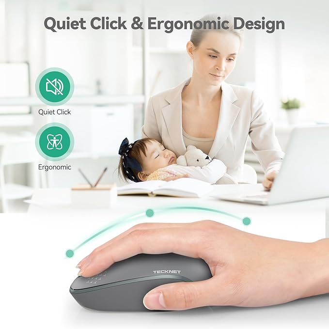 TECKNET Wireless Mouse, 2.4G Quiet Computer Mouse with USB Receiver, 4 Buttons Portable Cordless Mice for Chromebook, Laptop, PC, Mac, 800/1200/1600 DPI - Grey