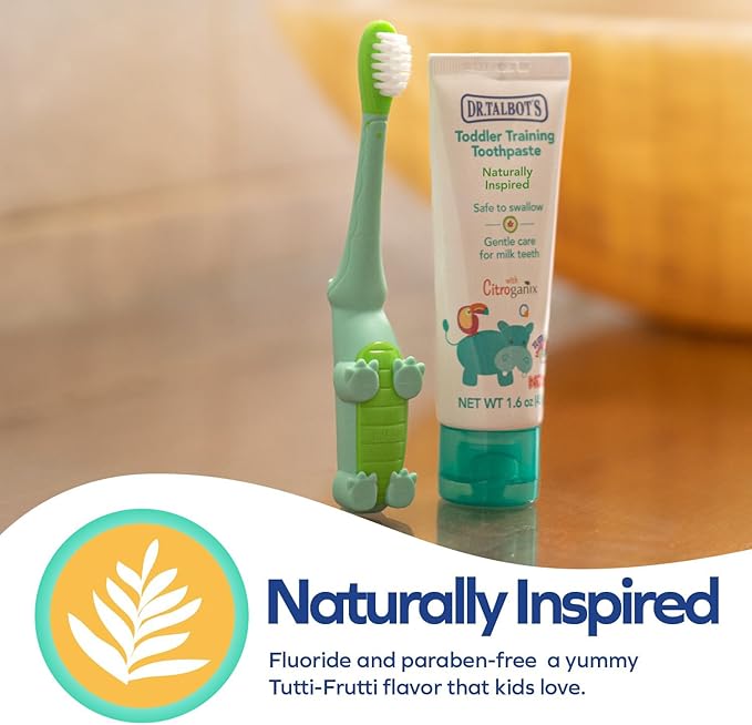 Dr. Talbot's Toddler Training Toothbrush and Natural Kids Toothpaste with Citroganix - 1.6 oz - Fluoride-Free Toothpaste and Toddler Toothbrush - 6+ Months - Alligator