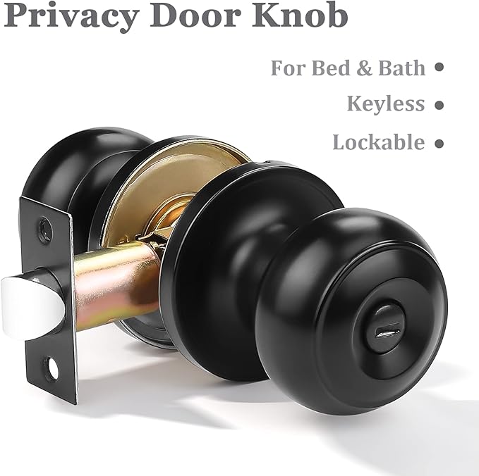 Probrico (2 Pack Round Privacy Door Knob (Thumb Turn Lock on The Inside), Keyless Doorknobs Interior/Exterior Lockset, Privacy Knobs for Bedroom/Bathroom, Black Modern Design Door Hardware