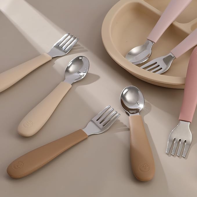 CoixFoam 8 Pieces Toddler Utensils, Toddler Safe Silverware Set With Food Grade Silicone Hanlde, 18/8 Stainless Steel, Perfect Length For New Self Feeders, Dishwasher Safe